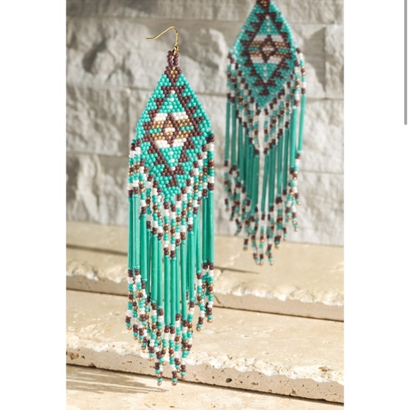 NEW Handmade 5” Western Turquoise Seed Fringe Dangle Earrings - Picture 1 of 4